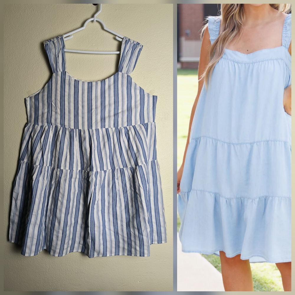 Chic Soul 3X Blue and White Striped Sleeveless Dress Rayon Blend Lining Resort